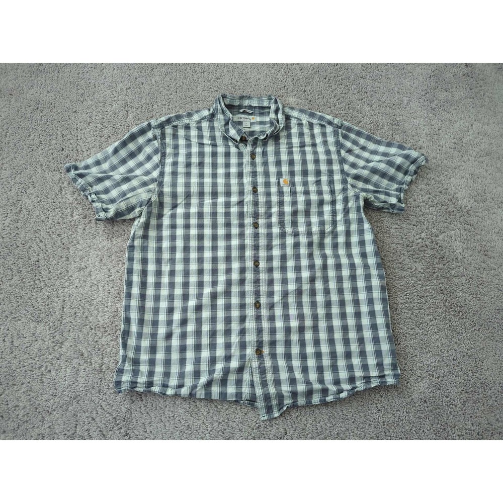 Carhartt Button Up Shirt Mens L Gray Plaid Short Sleeve Chest Pocket Relaxed Fit